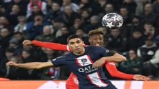 14 February 2023, France, Paris: Soccer: Champions League, Paris Saint-Germain - Bayern Munich, knockout round, round of 16, first leg, Parc des Princes. Achraf Hakimi of Paris (v) in a duel with Kingsley Coman of Bayern. (RECROP] Photo: Sven Hoppe/dpa (Photo by Sven Hoppe/picture alliance via Getty Images)