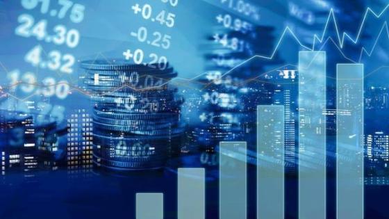 Double exposure of city, graph, stock display and money for finance and business concept