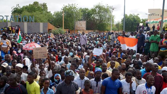 NIAMEY, NIGER - AUGUST 03: Coup supporters gather to stage a demonstration to protest the decision of the Economic Community of West African States (ECOWAS) countries to sanction Niger and to support the army, in Niamey, Niger on August 3, 2023. (Photo by Balima Boureima/Anadolu Agency via Getty Images)