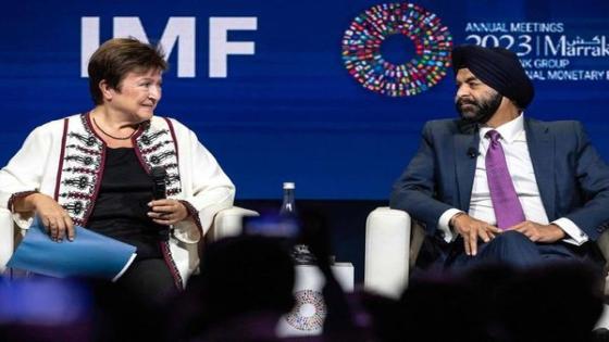 Managing Director of the International Monetary Fund, Kristalina Georgieva (L) and Ajay Banga, President of World Bank Group, take part in a press conference during the annual meetings of the International Monetary Fund (IMF) and the World Bank Group (WBG), in Marrakesh on October 12, 2023. (Photo by FADEL SENNA / AFP)